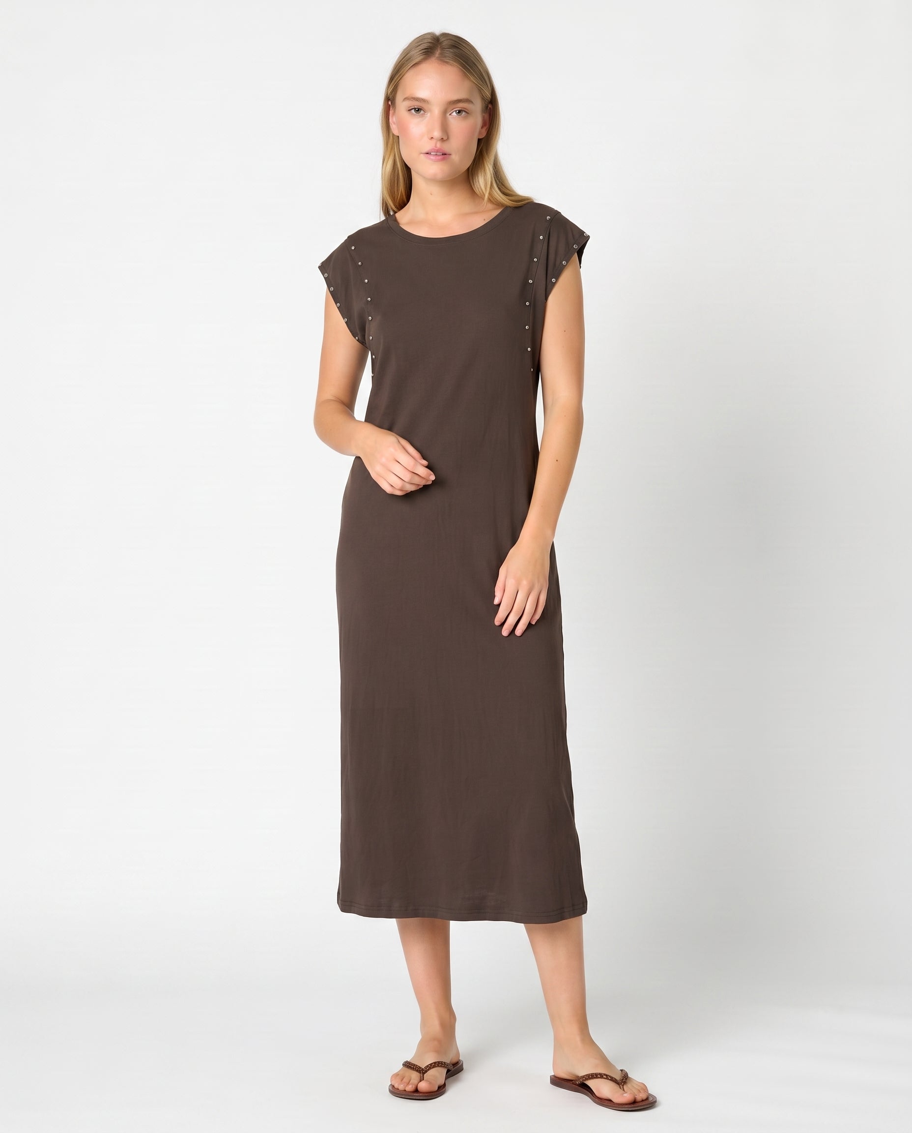 Vestido algodón tachuela marrón — Modas Carrusel