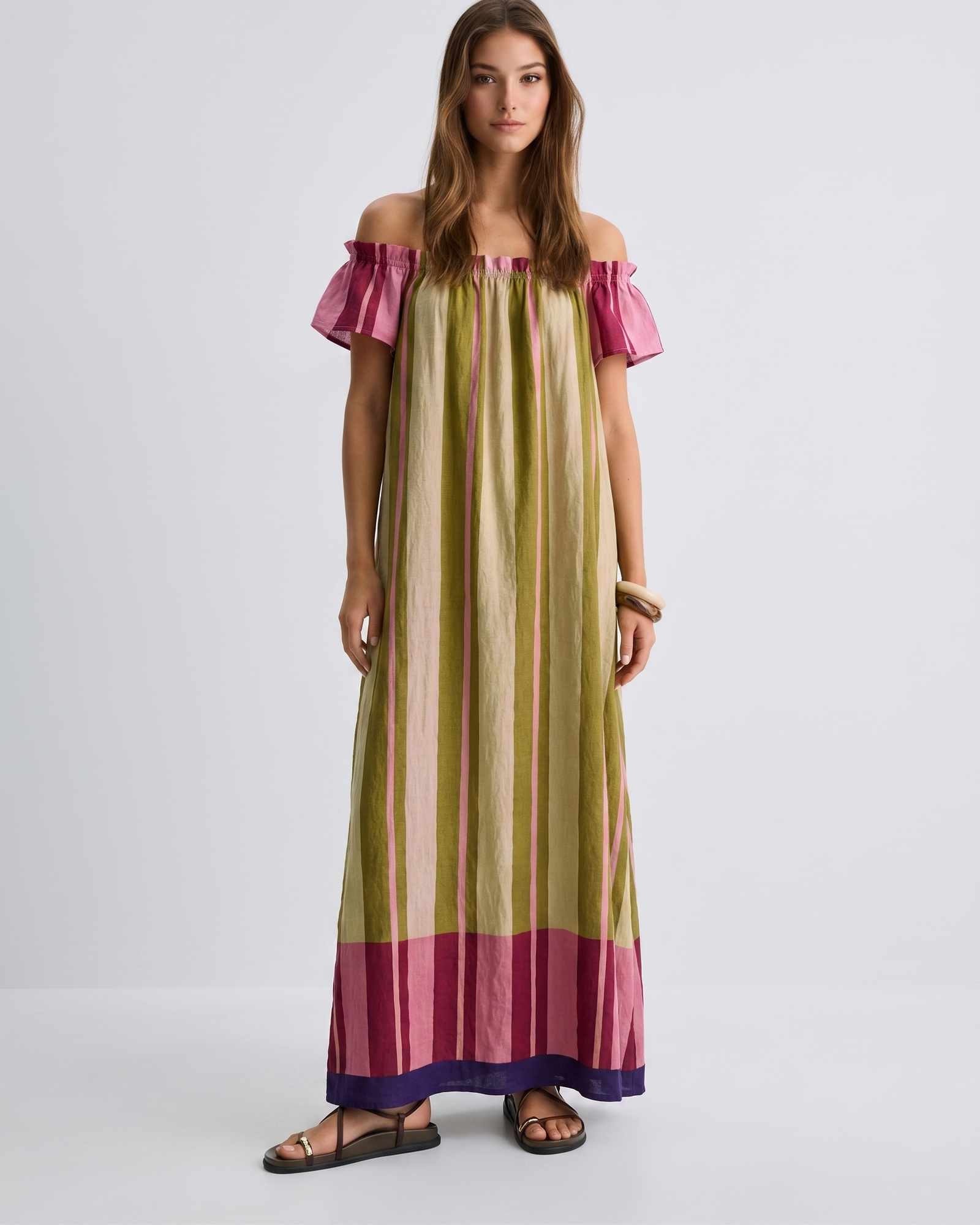 Vestido Largo Rayas Verde y Rosa